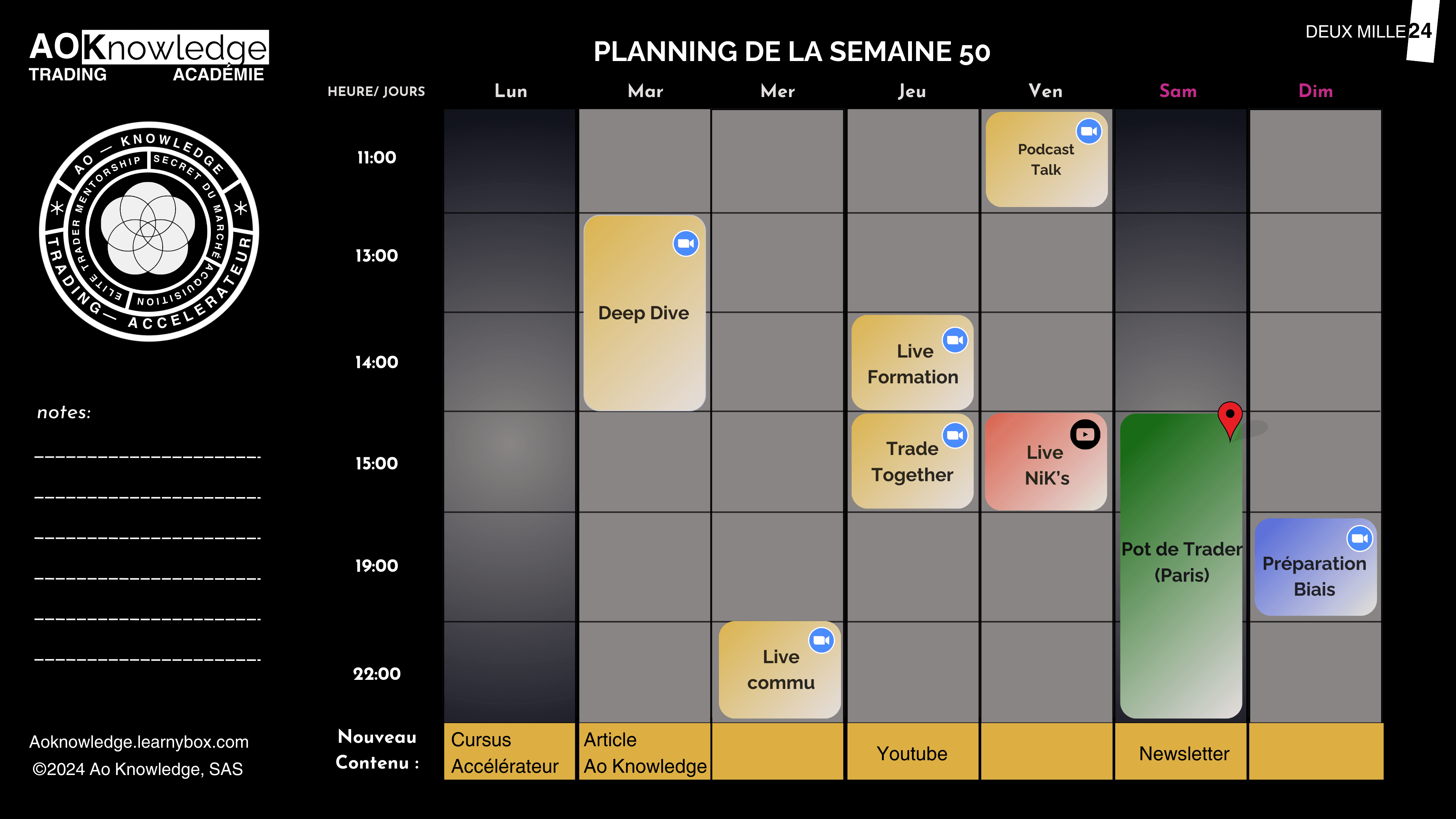 Calendrier des sessions live hebdomadaires