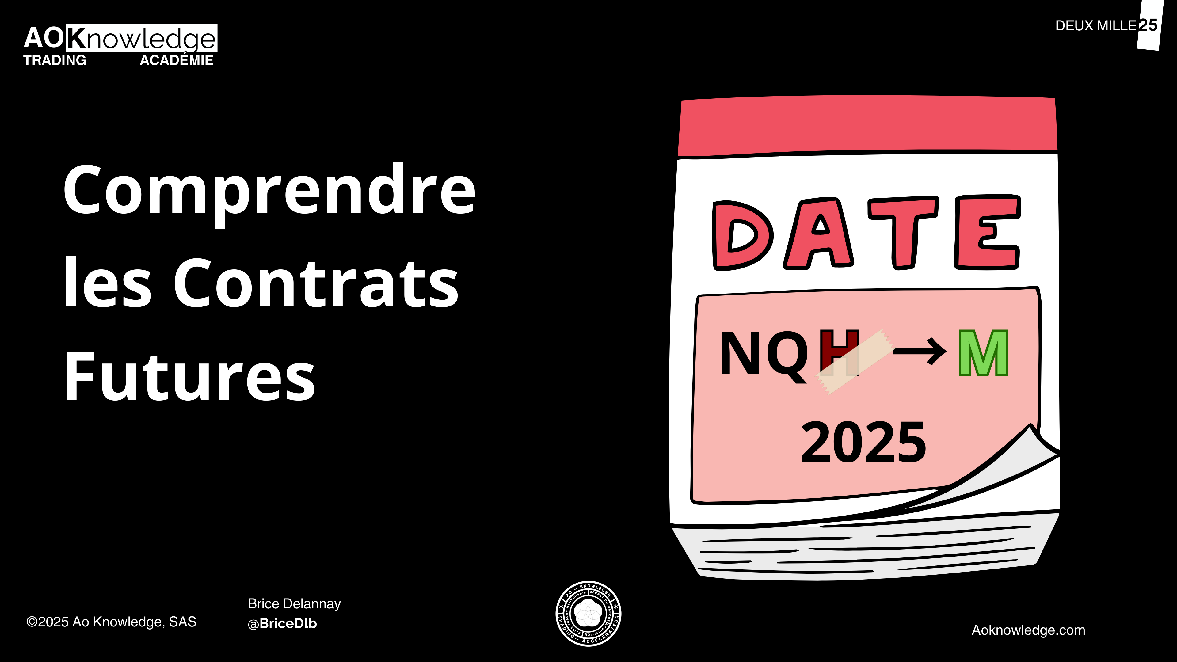 Couverture de l’article sur les contrats futures : un calendrier illustré où le code NQH est barré et remplacé par NQM pour 2025, symbole du roulement d’échéance