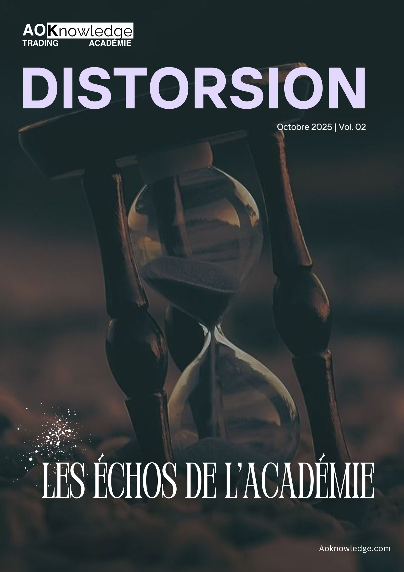 Couverture du magazine Les Échos de l’Académie, numéro Distorsion d’octobre 2025, volume 2 : un sablier dont le sable s’écoule dans une lumière tamisée