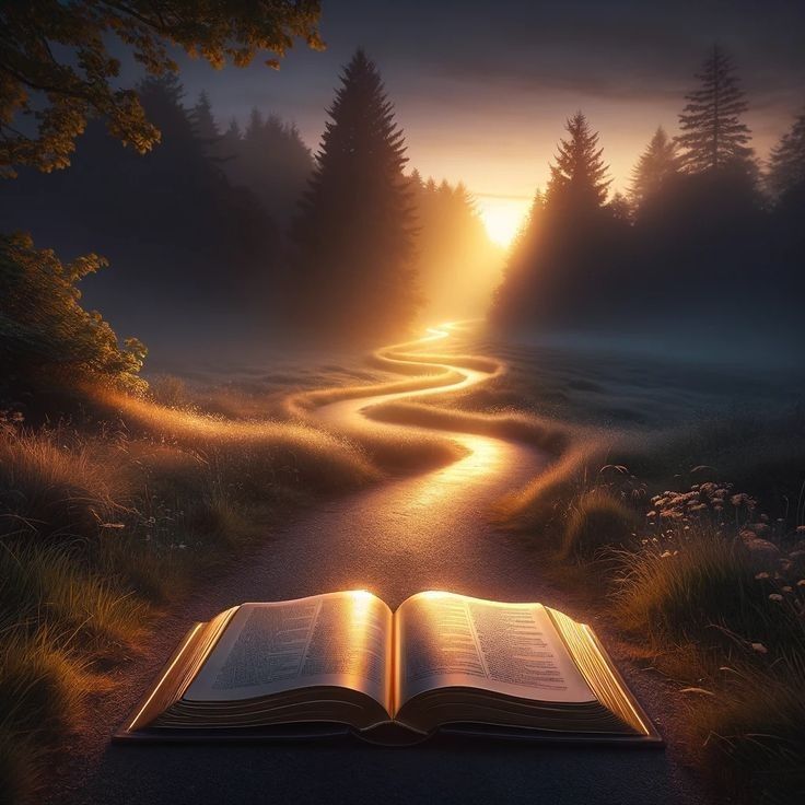 Un livre ouvert et lumineux posé sur un chemin qui s’enfonce vers le soleil levant, image du guide pour naviguer le spread en CFD