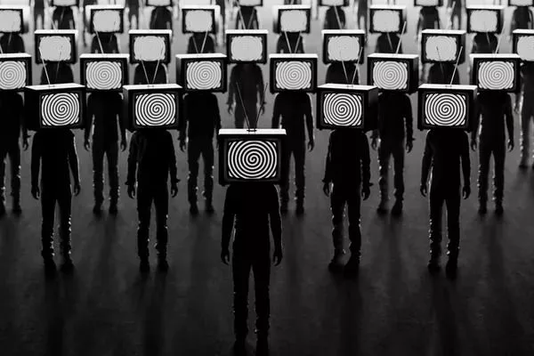 Illustration en noir et blanc : une foule de silhouettes identiques dont la tête est un téléviseur diffusant une spirale hypnotique, métaphore des croyances de trading répétées de mentor en mentor sans être remises en question