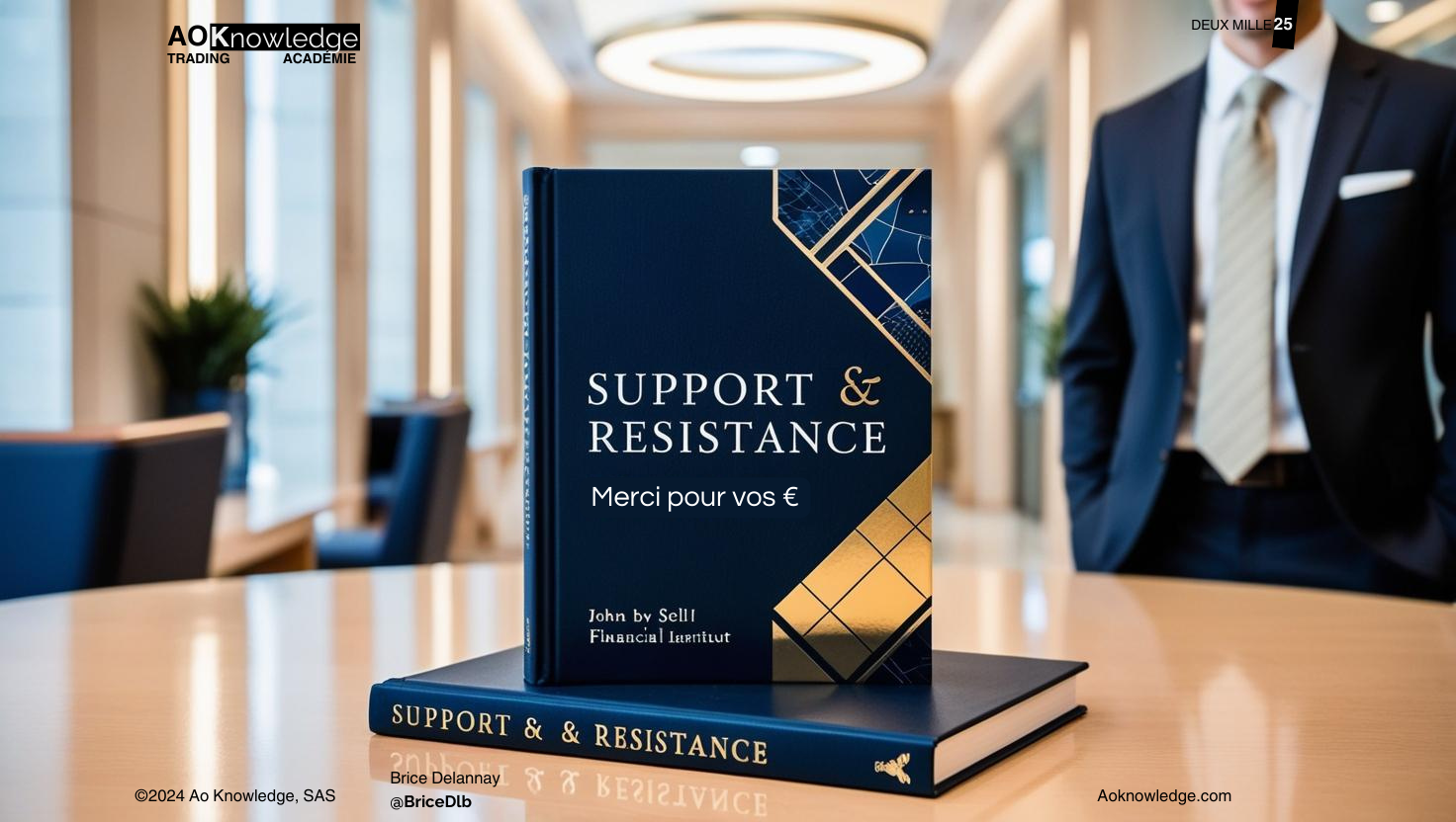 Couverture satirique de l’article : un faux livre intitulé « Support & Resistance — Merci pour vos € » posé sur une table dans un hall de banque, un homme en costume à l’arrière-plan