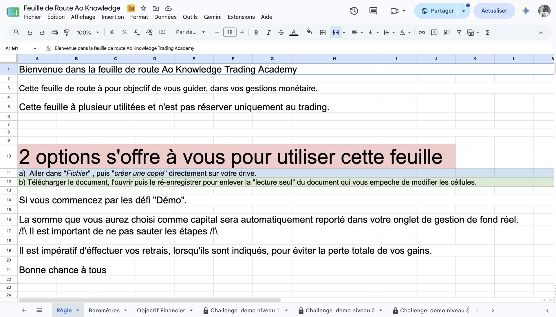 L'ancienne feuille de route Ao Knowledge sous Google Sheets, avec ses onglets de gestion de capital et ses challenges par niveau