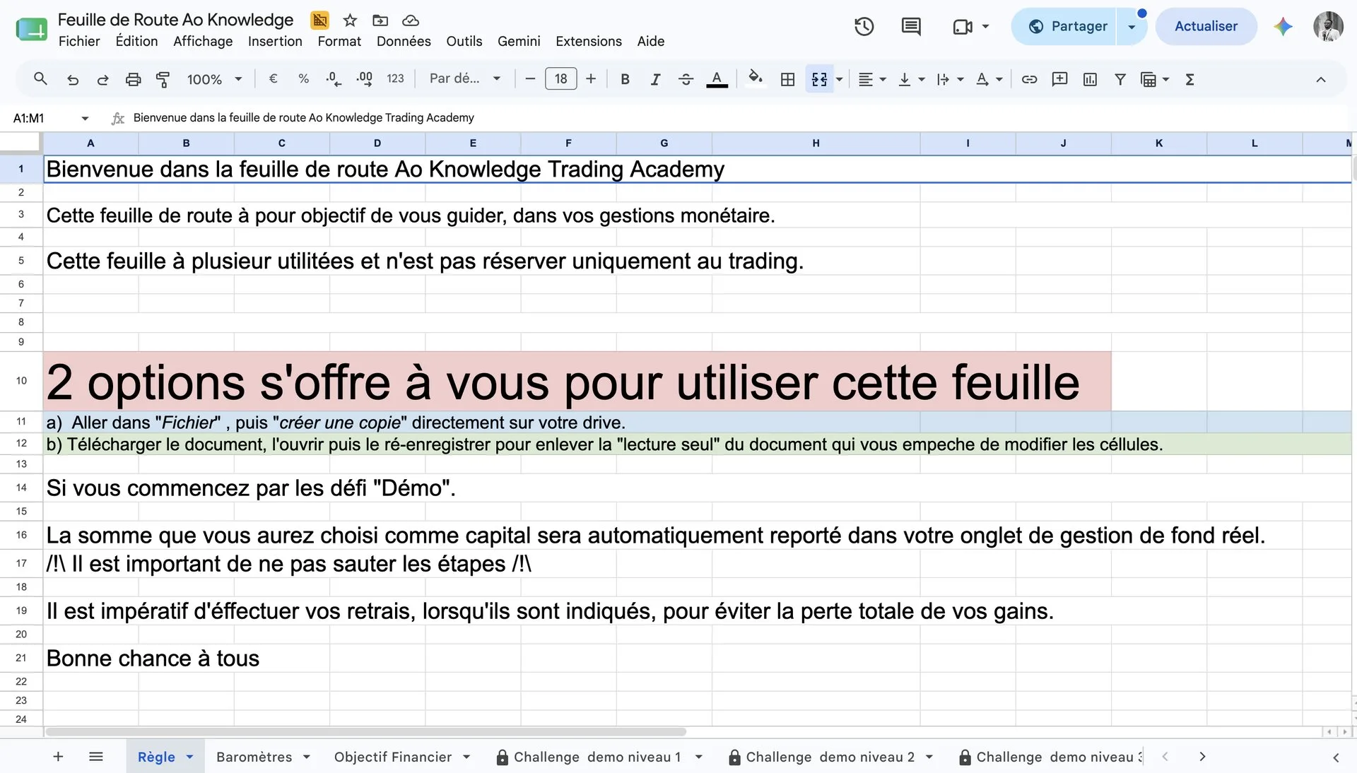 L'ancienne feuille de route Ao Knowledge sous Google Sheets, avec ses onglets de gestion de capital et ses challenges par niveau