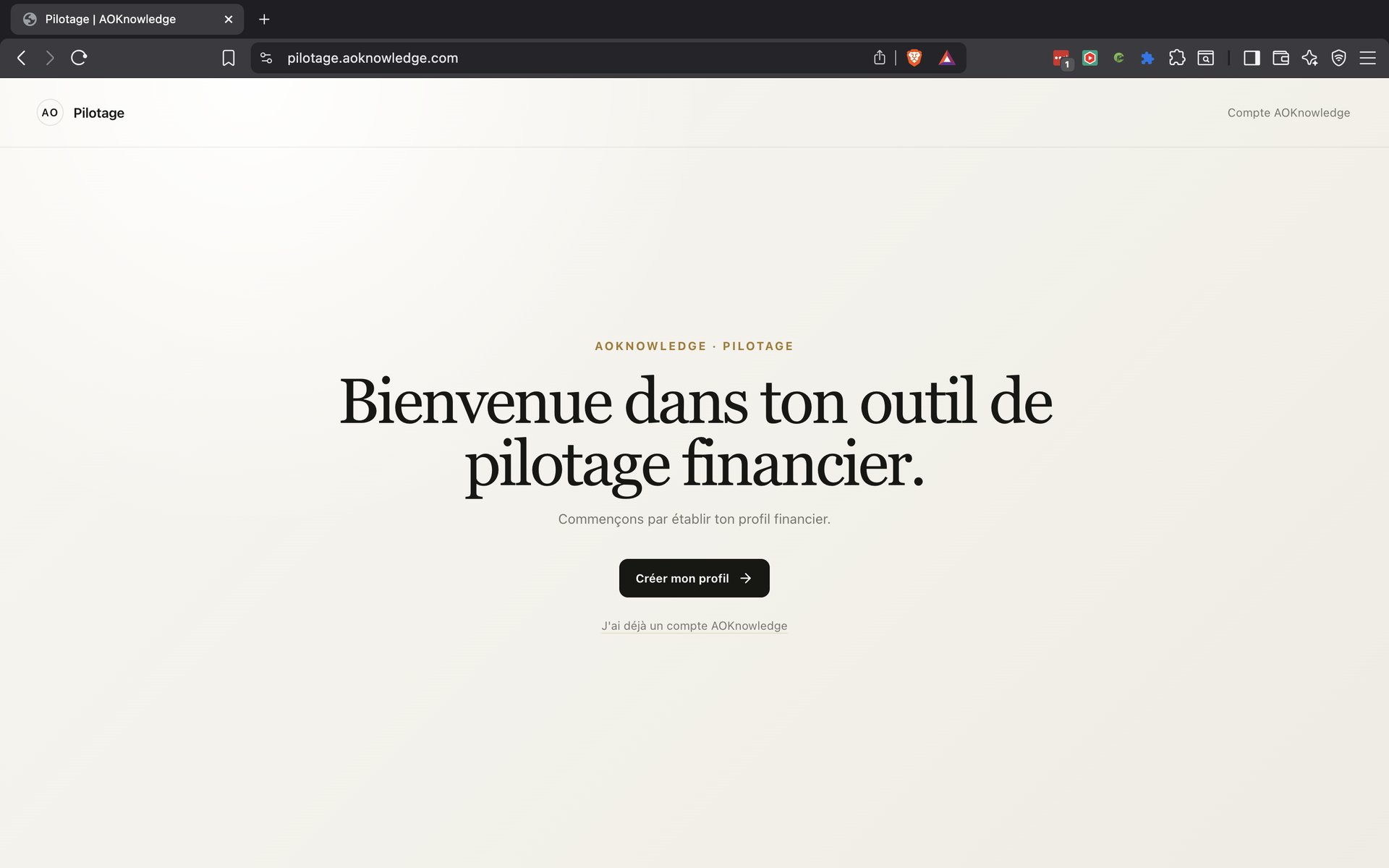 L'écran d'accueil de Pilotage, l'outil de pilotage financier du trader, sur pilotage.aoknowledge.com