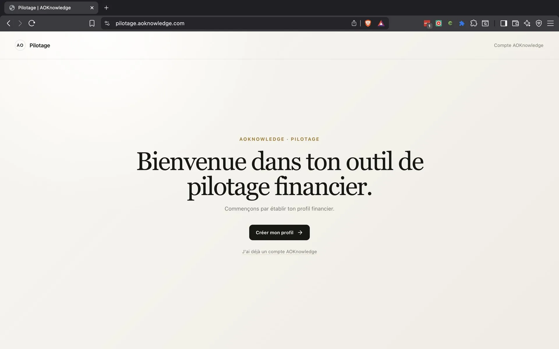 L'écran d'accueil de Pilotage, l'outil de pilotage financier du trader, sur pilotage.aoknowledge.com