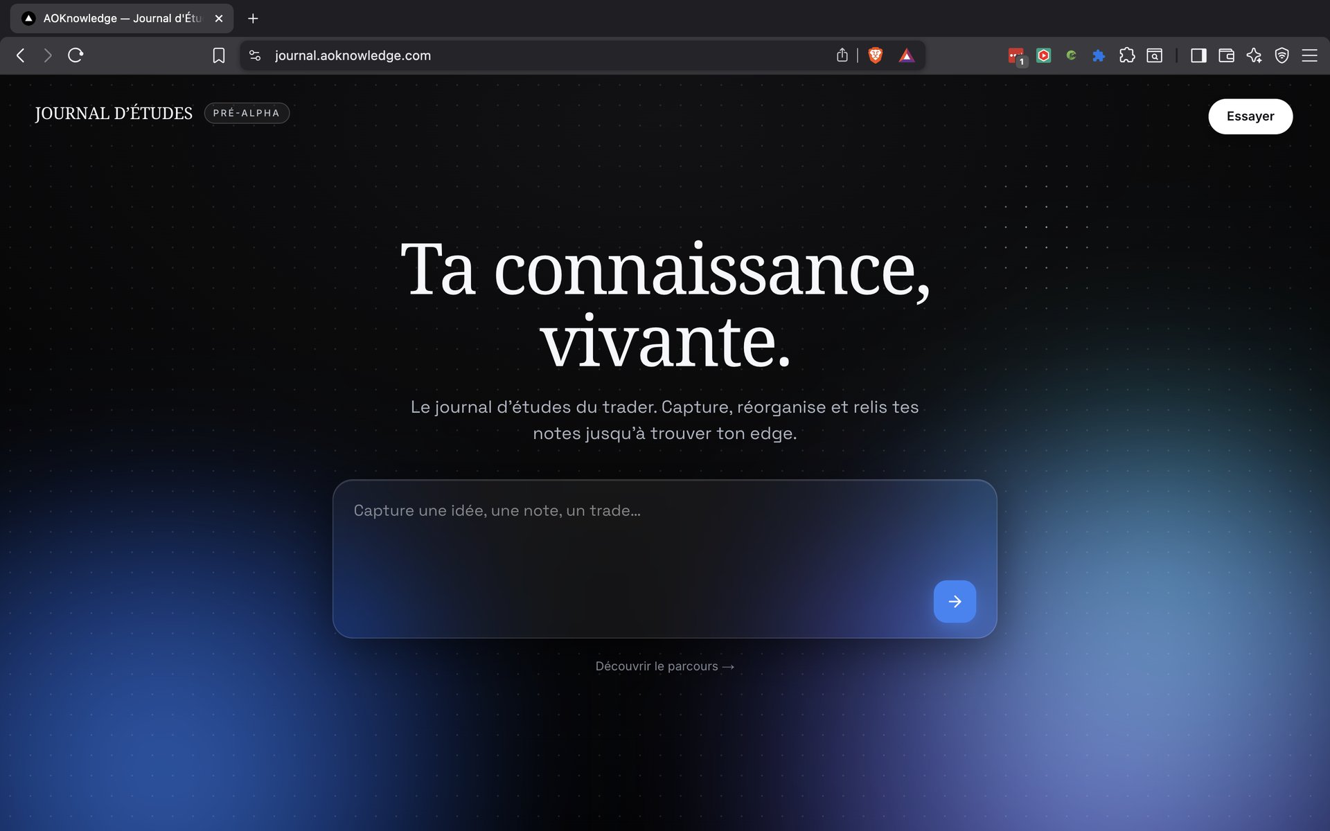 L'écran d'accueil du Journal d'Études en pré-alpha : « Ta connaissance, vivante », avec le champ de capture d'une idée ou d'une note