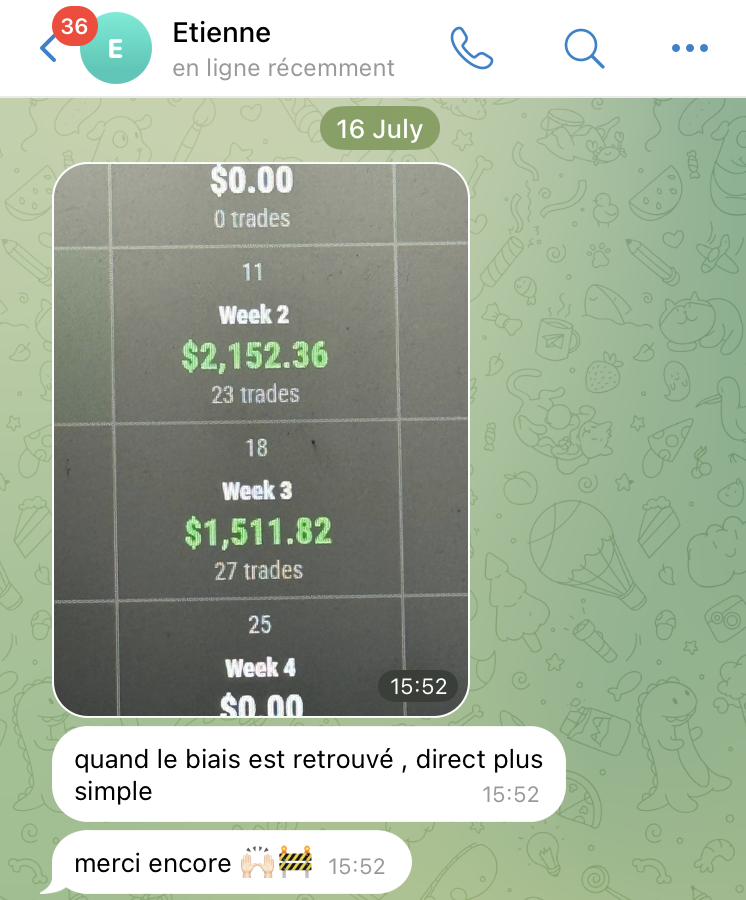 La progression d'Étienne, membre de la communauté : son relevé hebdomadaire de trades et ses messages à Brice