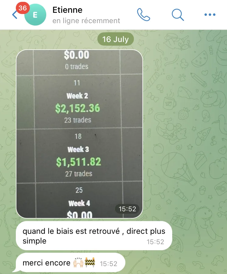 La progression d'Étienne, membre de la communauté : son relevé hebdomadaire de trades et ses messages à Brice