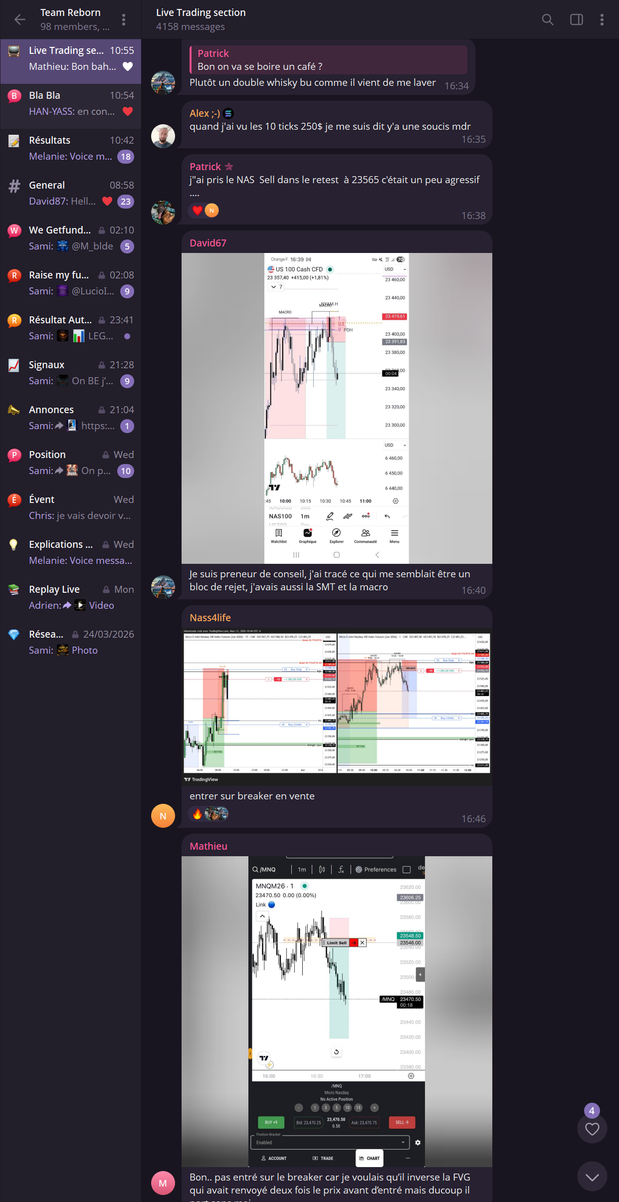 Capture du canal Telegram Team Reborn, section Live Trading : les membres partagent leurs graphiques et commentent leurs entrées en direct pendant la séance