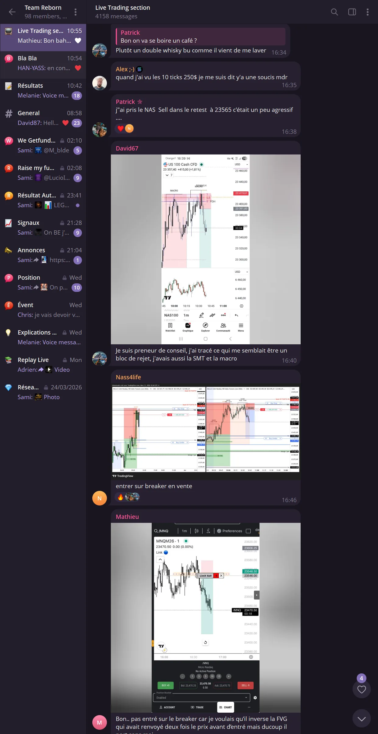 Capture du canal Telegram Team Reborn, section Live Trading : les membres partagent leurs graphiques et commentent leurs entrées en direct pendant la séance