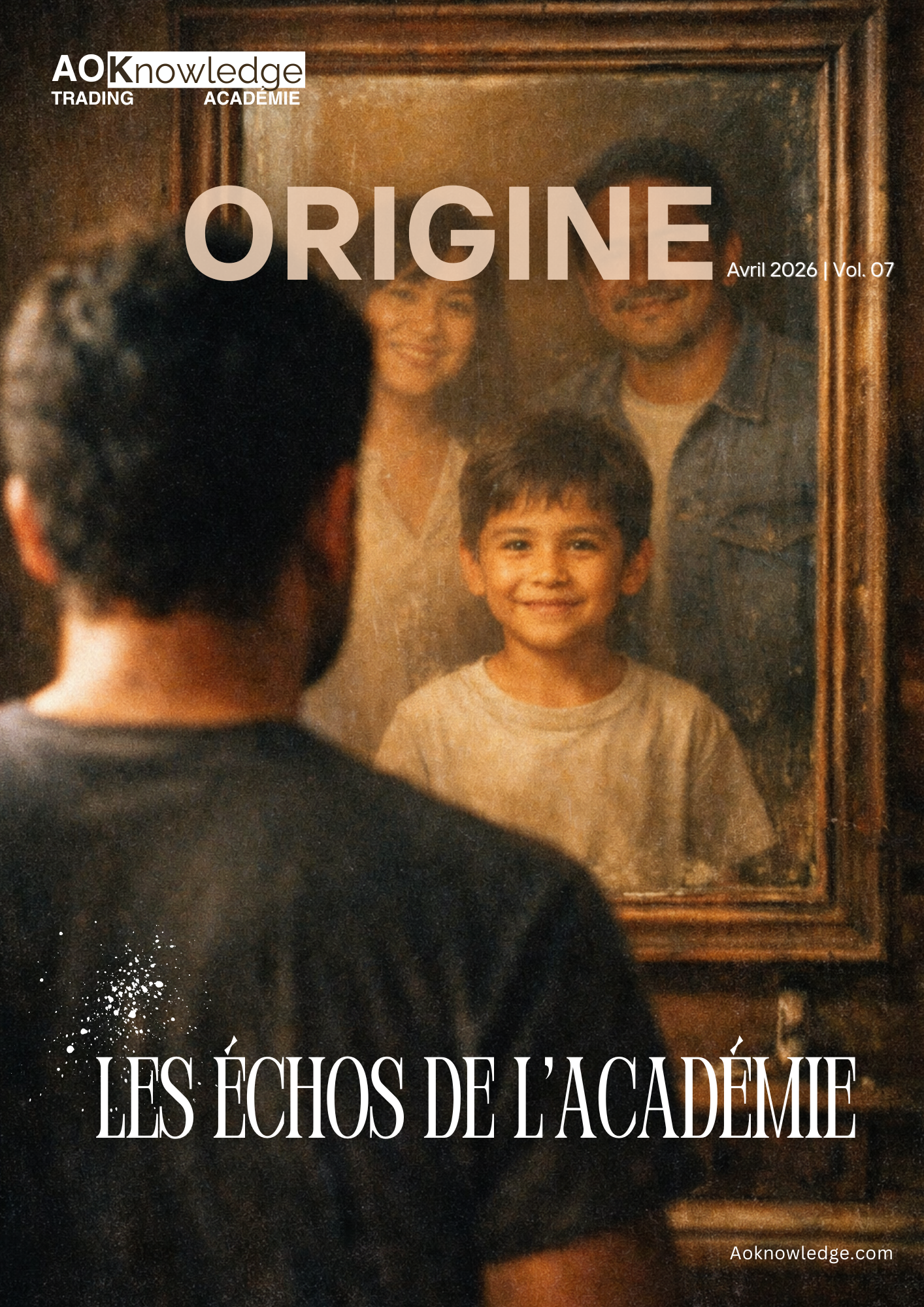 Couverture du magazine Les Échos de l’Académie, numéro Origine d’avril 2026, volume 7 : un homme de dos face à un cadre où il se revoit enfant, souriant entre ses parents