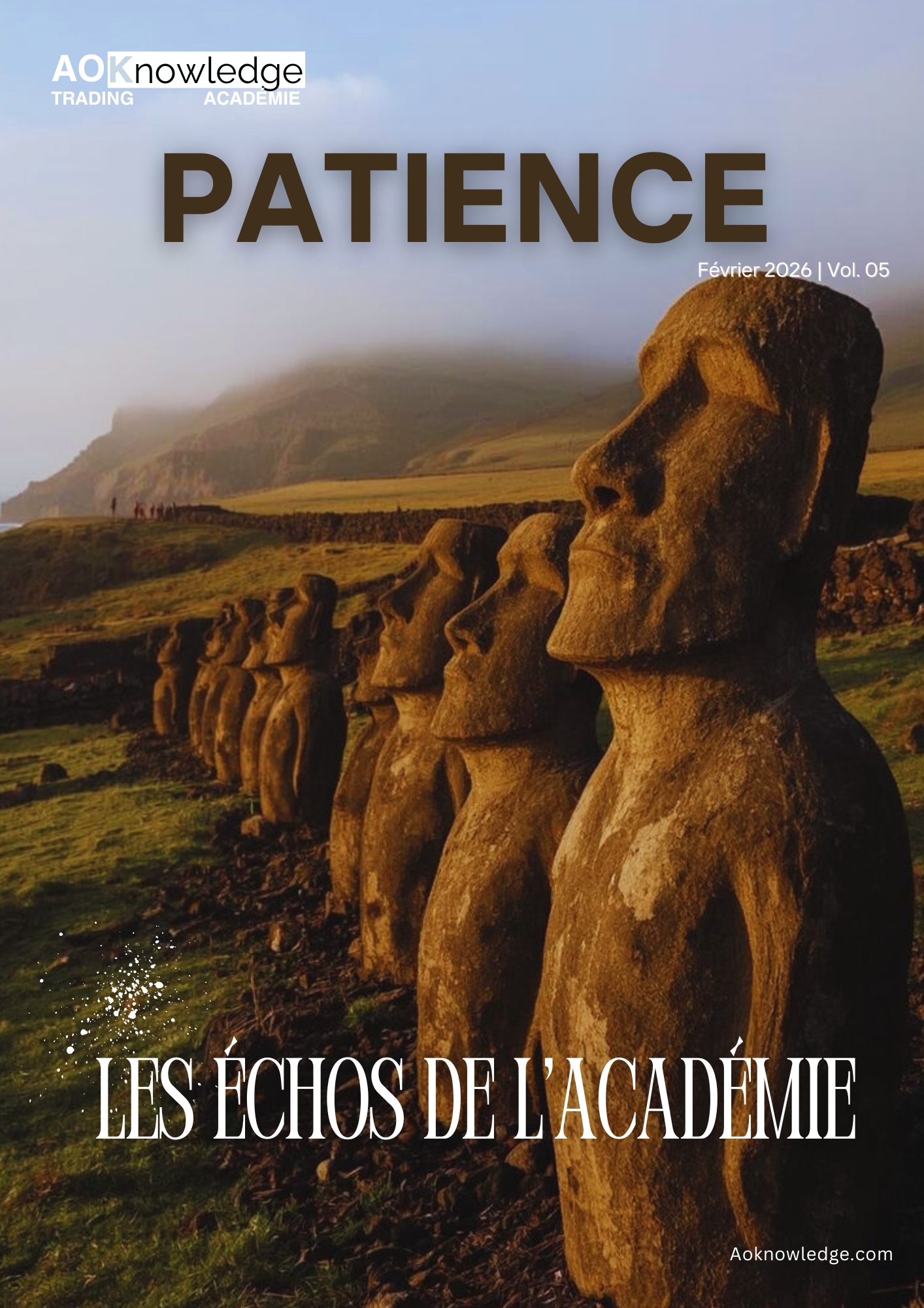 Couverture du magazine Les Échos de l’Académie, numéro Patience de février 2026, volume 5 : l’alignement des statues moaï de l’île de Pâques dans la lumière du matin