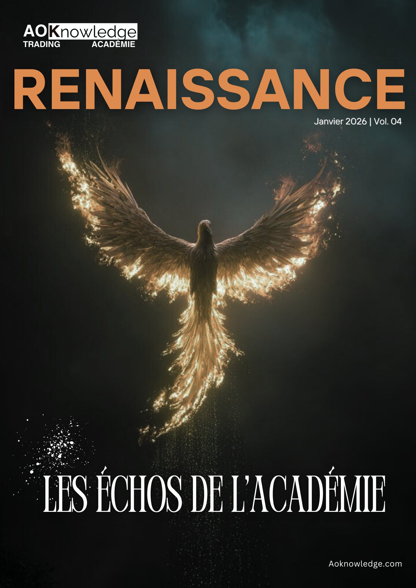 Couverture du magazine Les Échos de l’Académie, numéro Renaissance de janvier 2026, volume 4 : un phénix aux ailes déployées et enflammées sur fond sombre