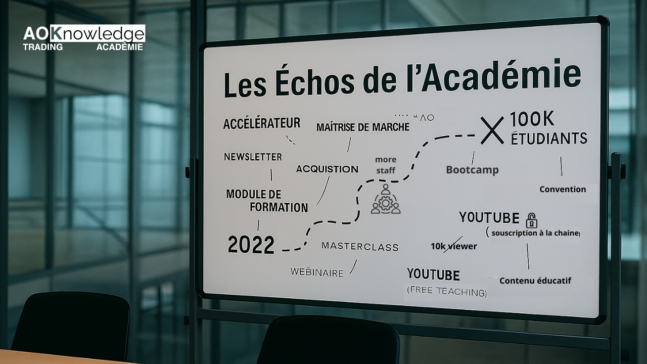 Photo d’un tableau blanc intitulé Les Échos de l’Académie : une feuille de route dessinée à la main depuis 2022, des modules de formation et de la newsletter jusqu’à l’objectif de 100 000 étudiants, en passant par la masterclass, YouTube, le bootcamp et la convention