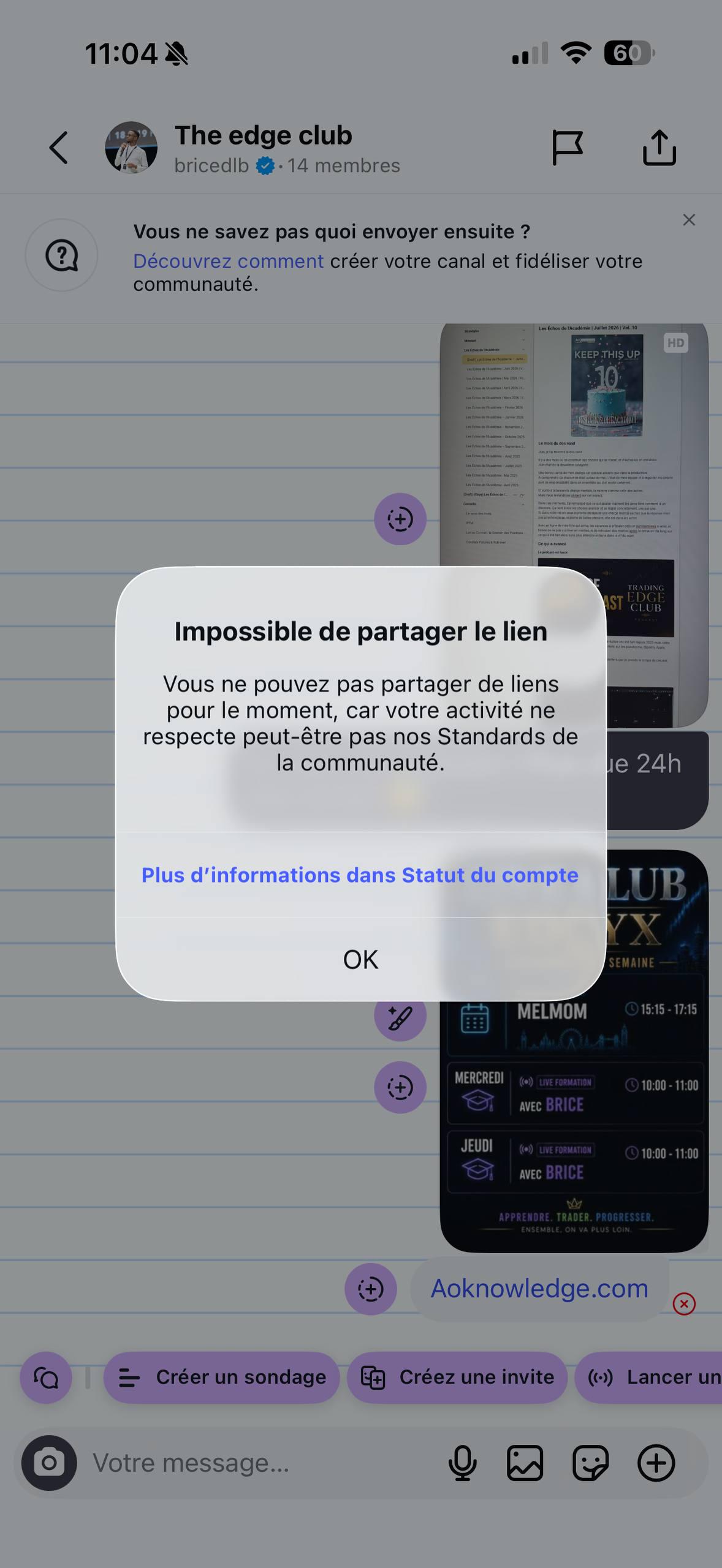 Capture du canal Instagram The Edge Club : une alerte « Impossible de partager le lien » bloque la publication, l’activité du compte étant jugée non conforme aux standards de la communauté