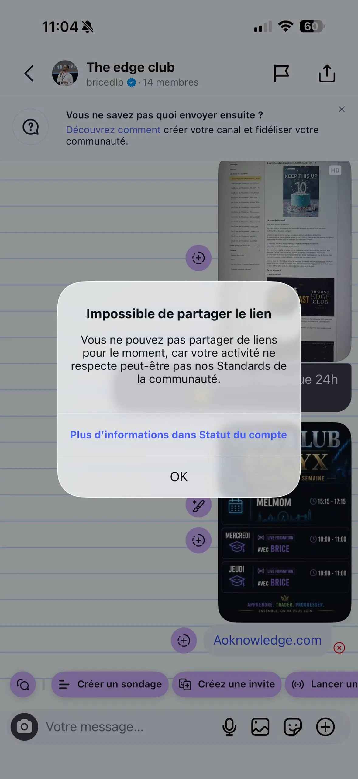 Capture du canal Instagram The Edge Club : une alerte « Impossible de partager le lien » bloque la publication, l’activité du compte étant jugée non conforme aux standards de la communauté