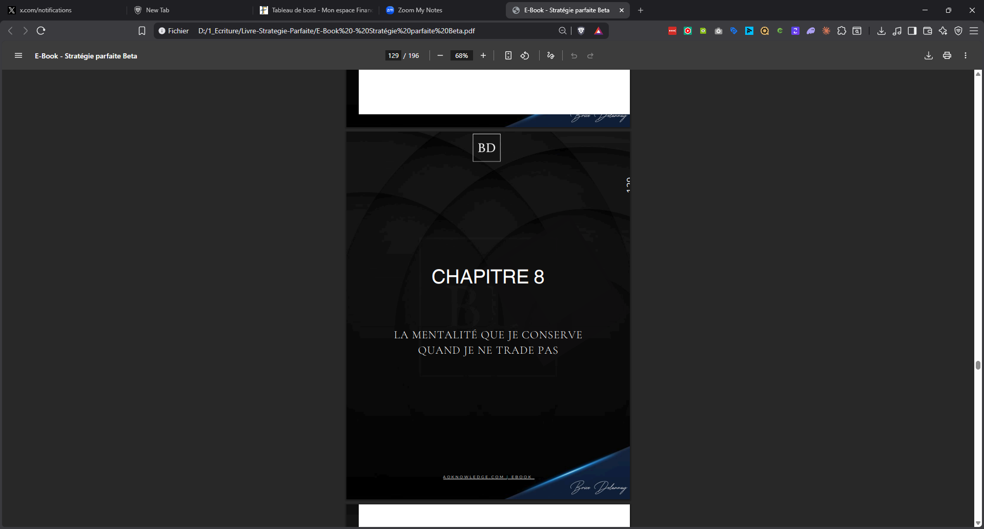 Le livre Stratégie Parfaite en cours de relecture, page 129 sur 196 : la page de titre du chapitre 8, « La mentalité que je conserve quand je ne trade pas »