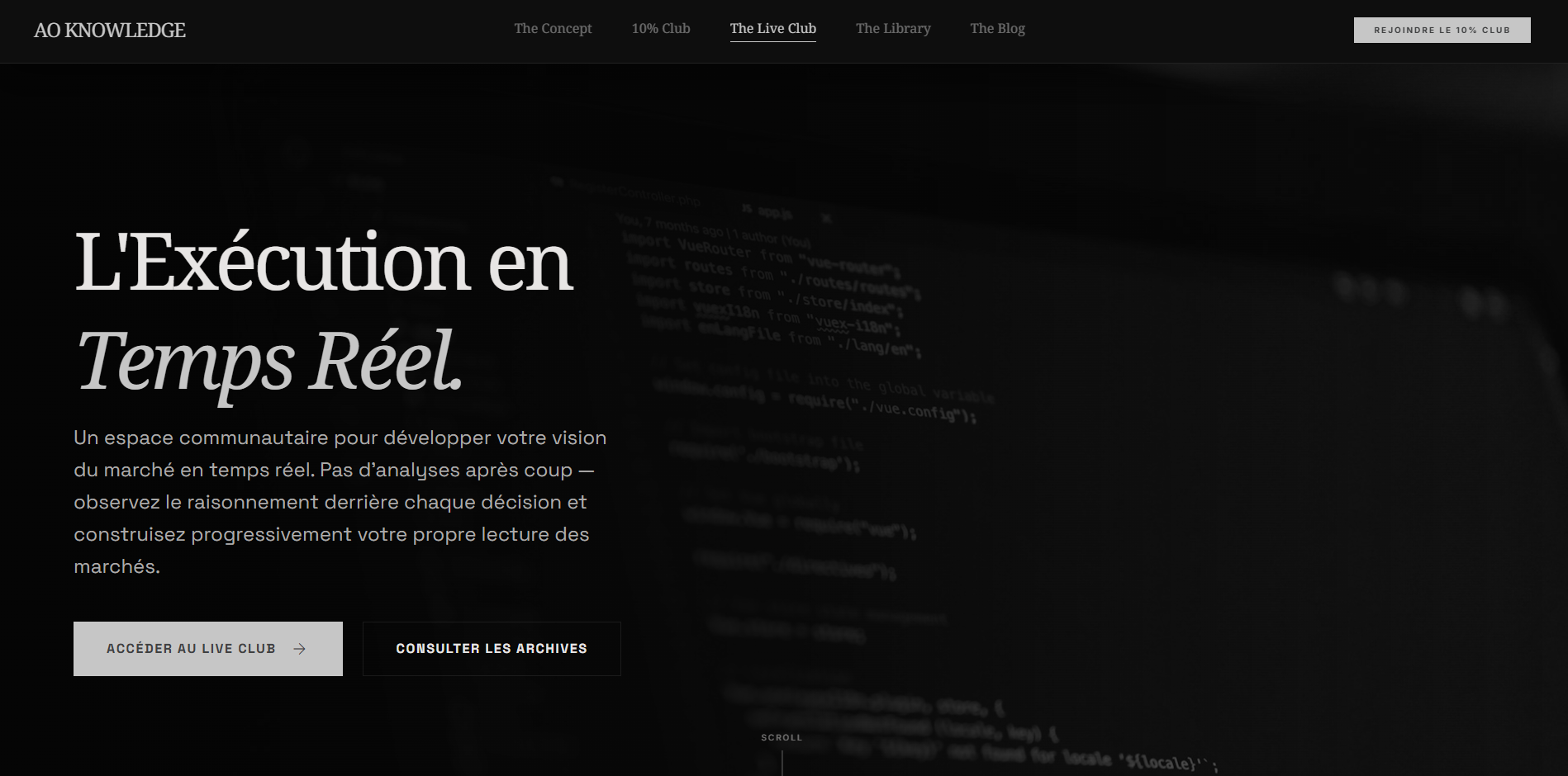 Capture de la page The Live Club du site AOKnowledge : « L’Exécution en Temps Réel », un espace communautaire pour développer sa vision du marché sans analyses après coup