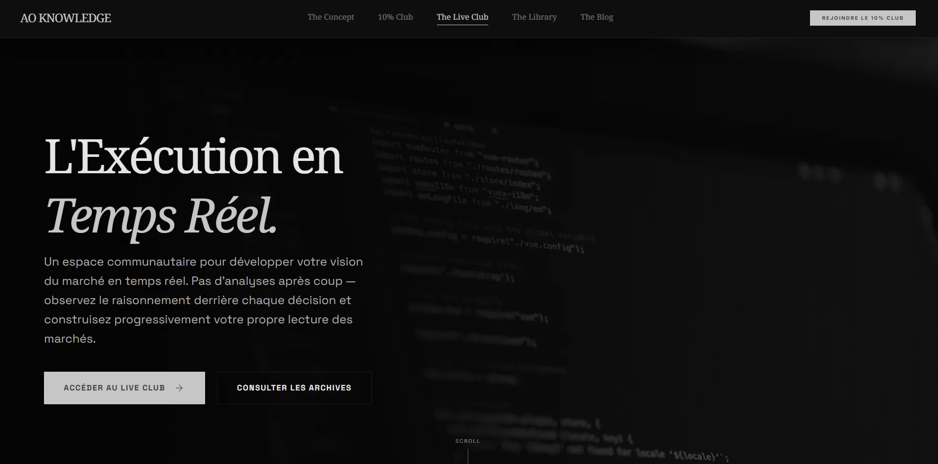 Capture de la page The Live Club du site AOKnowledge : « L’Exécution en Temps Réel », un espace communautaire pour développer sa vision du marché sans analyses après coup