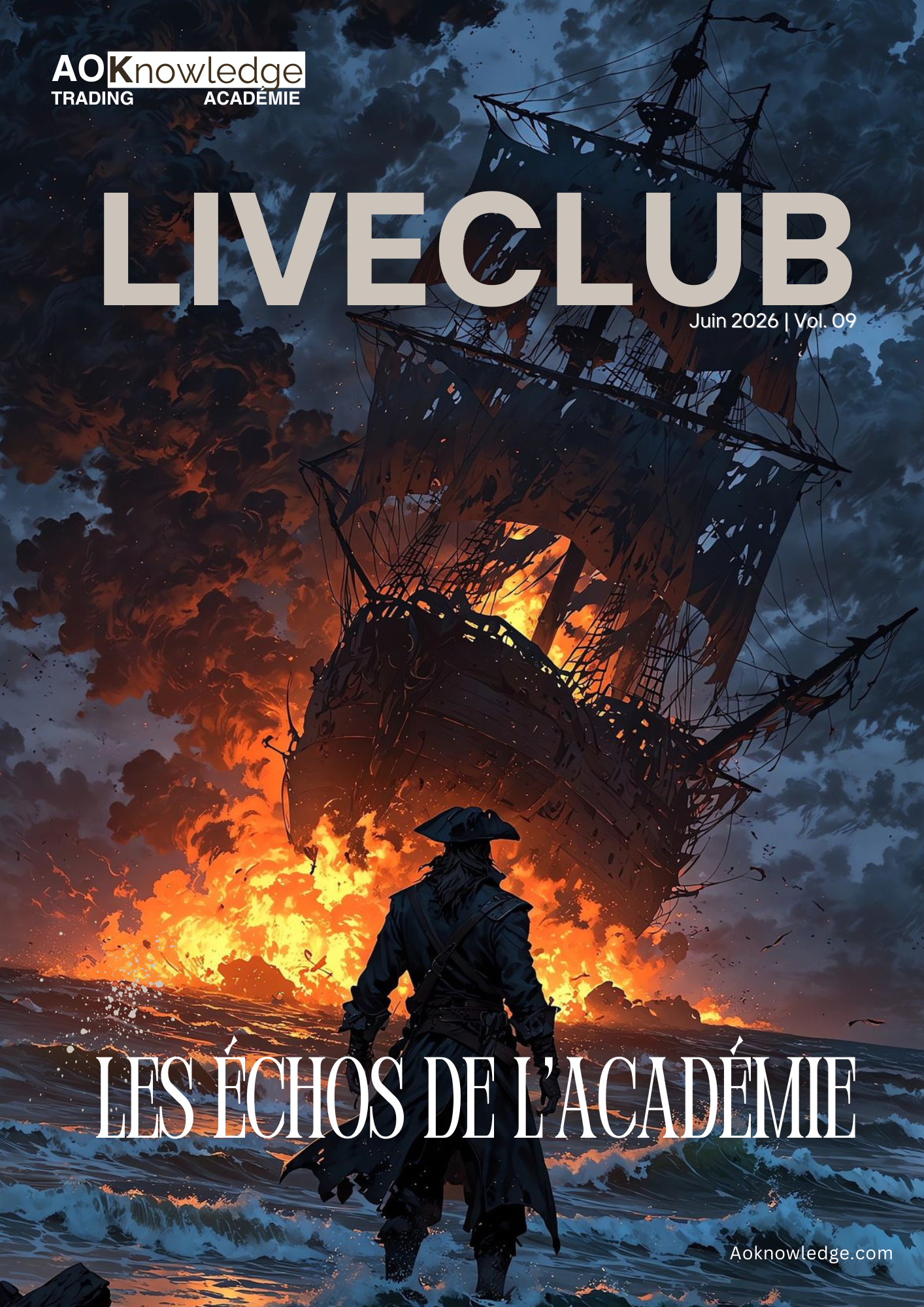 Couverture du magazine Les Échos de l’Académie, numéro Liveclub de juin 2026, volume 9 : un galion en flammes dans la tempête, observé depuis le rivage par une silhouette de pirate
