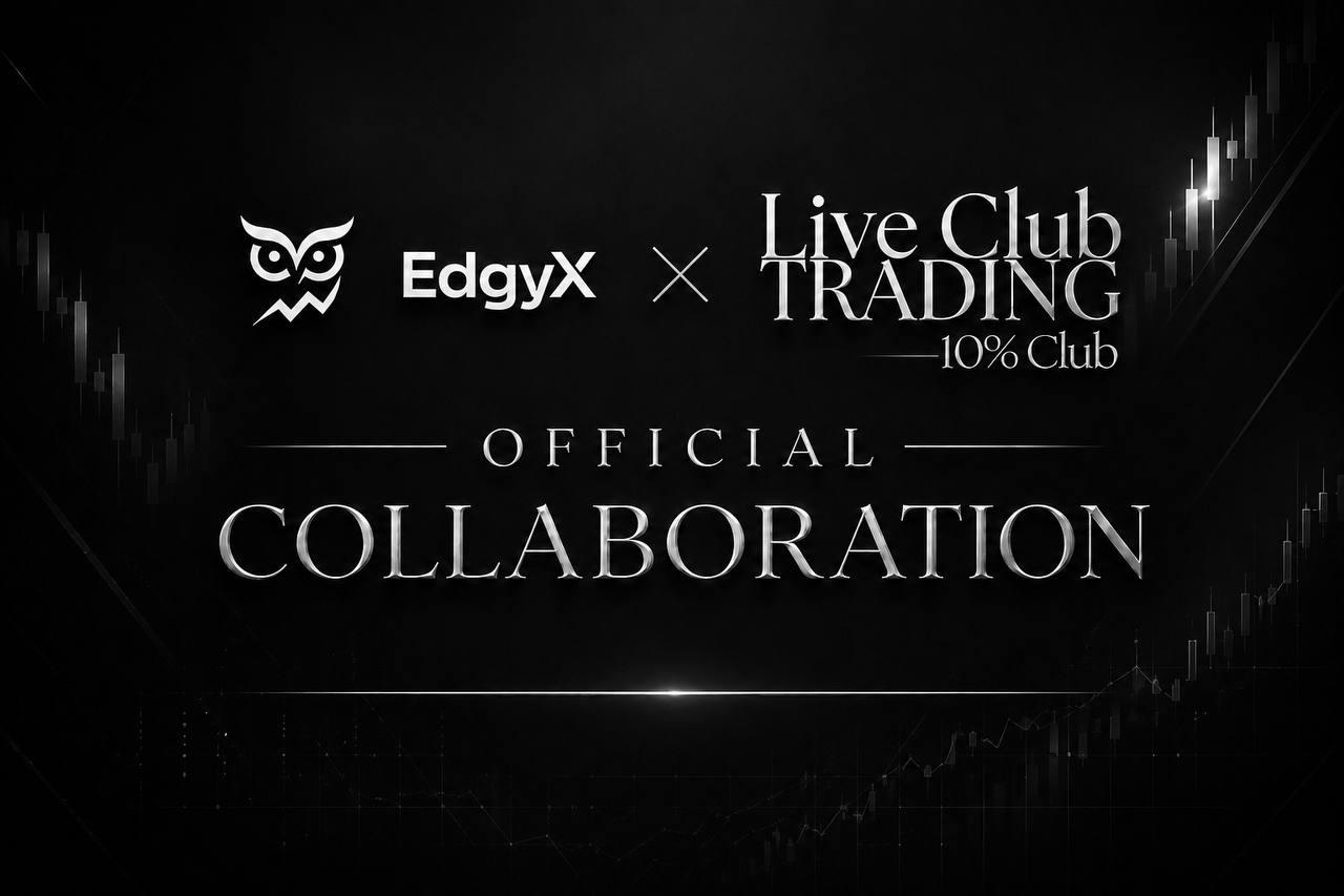 Visuel officiel de la collaboration entre EdgyX et le Live Club Trading du 10% Club, sur fond de chandeliers