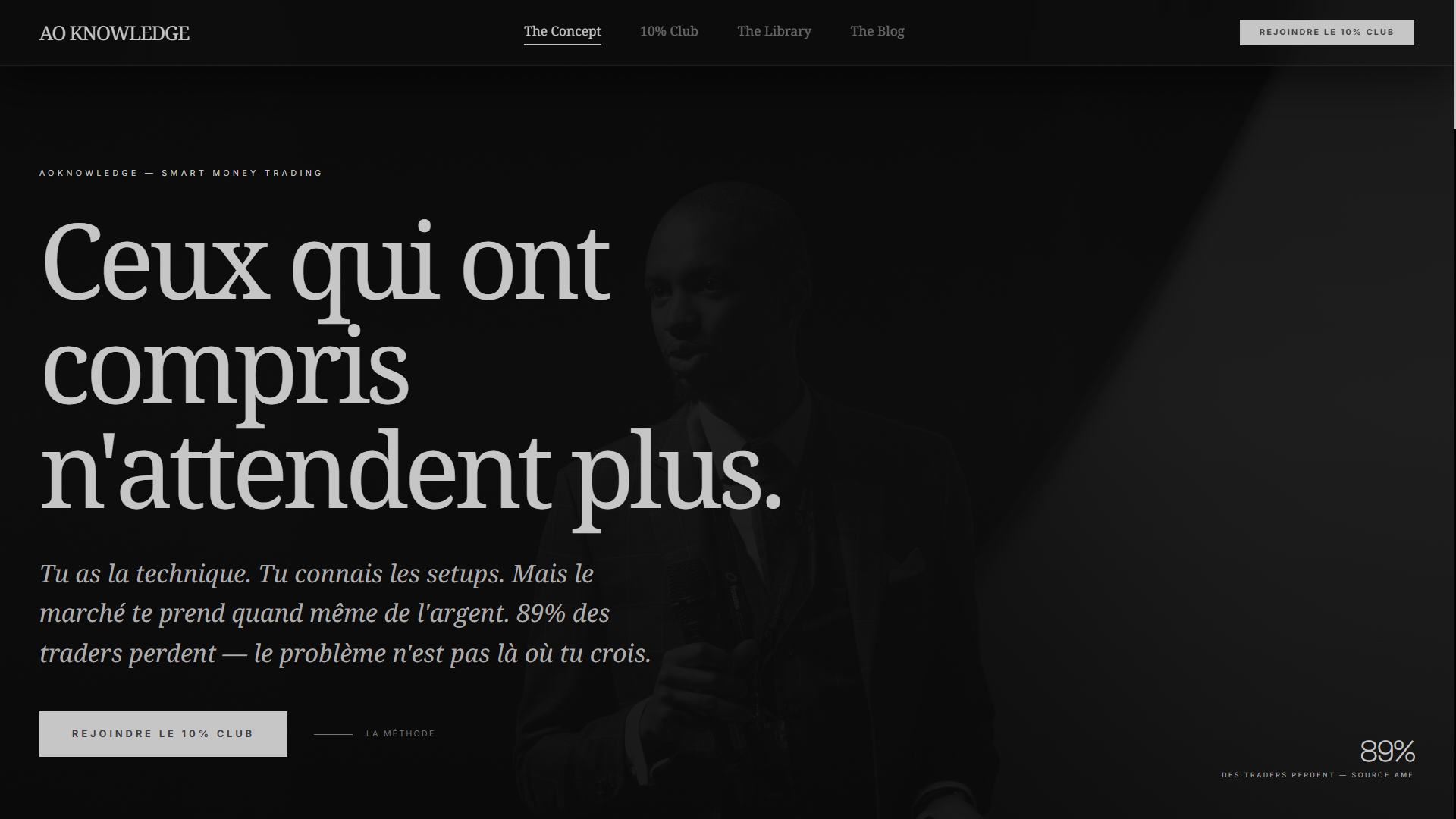 Capture de la page The Concept du site AOKnowledge : « Ceux qui ont compris n’attendent plus », avec le rappel que 89 % des traders perdent, source AMF