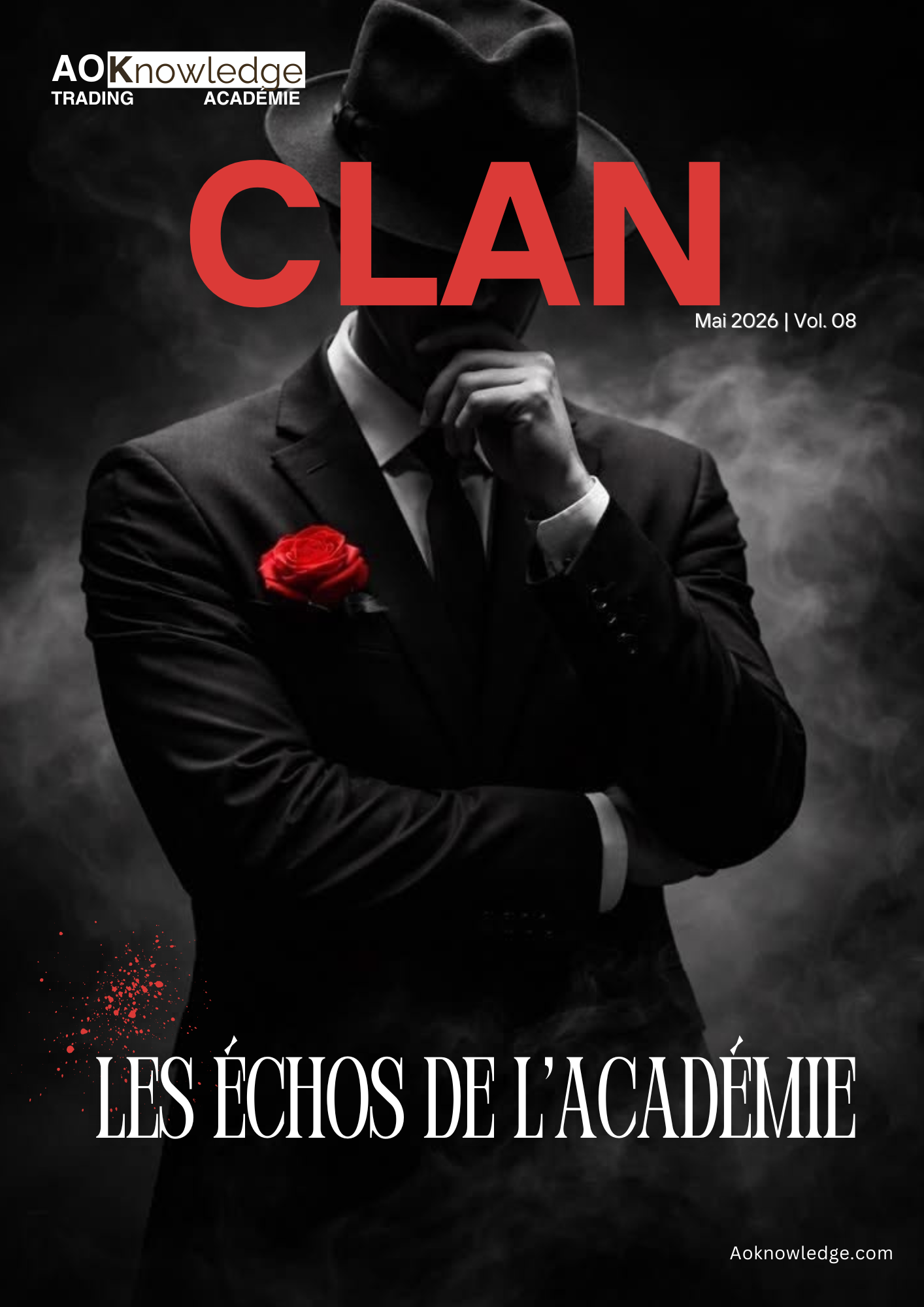 Couverture du magazine Les Échos de l’Académie, numéro Clan de mai 2026, volume 8 : un homme en costume noir et chapeau, visage dans l’ombre, une rose rouge à la boutonnière