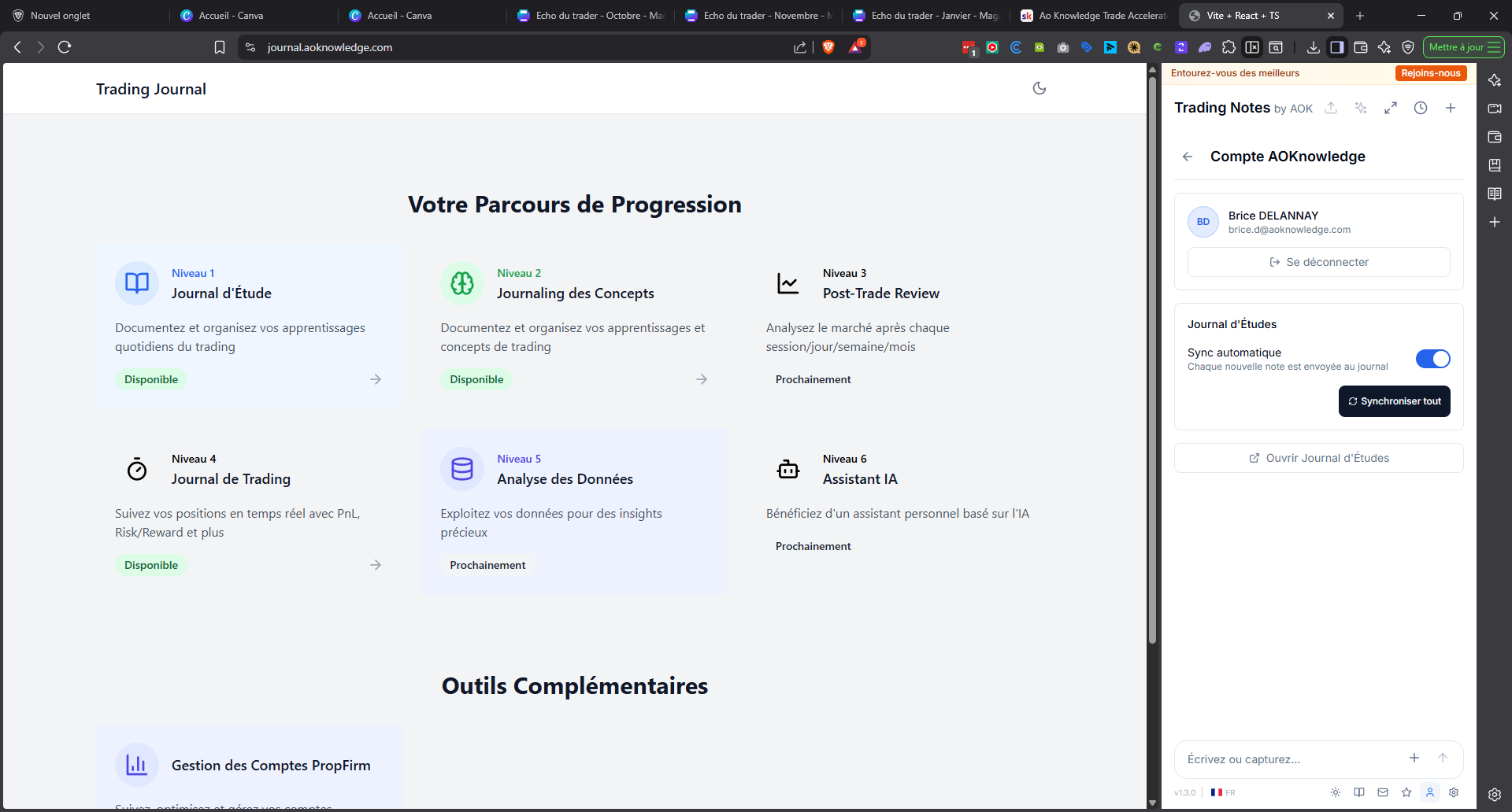 Capture de journal.aoknowledge.com : le parcours de progression en six niveaux, du journal d’étude à l’assistant IA, avec le panneau de l’extension Trading Notes ouvert à droite et la synchronisation automatique activée
