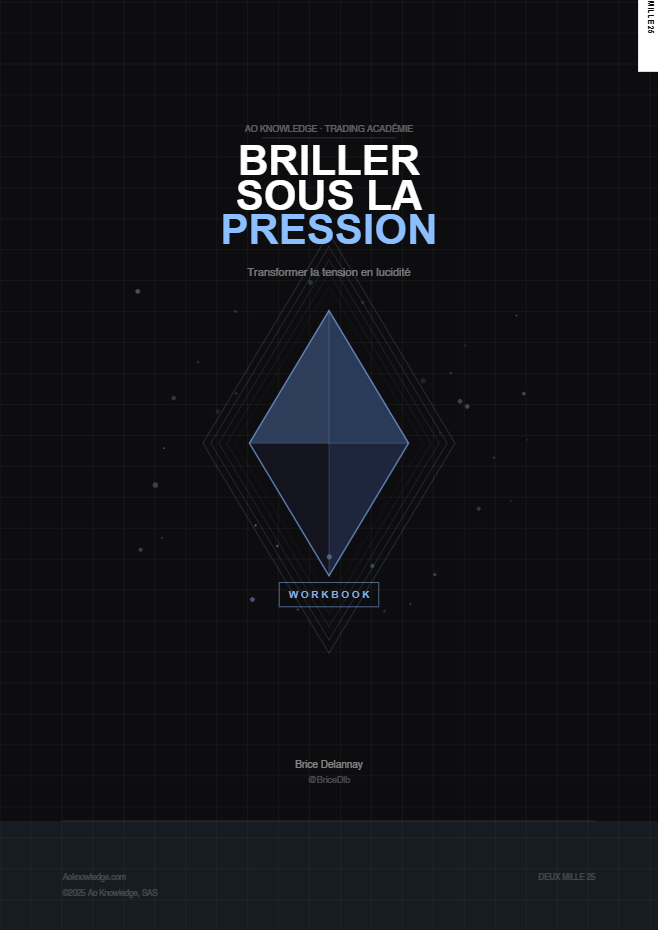 Couverture du workbook « Briller sous la pression, transformer la tension en lucidité », signé Brice Delannay, avec un losange bleu sur fond sombre