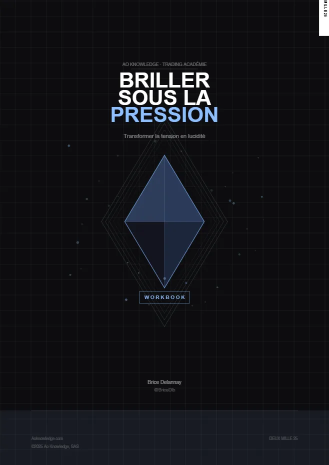 Couverture du workbook « Briller sous la pression, transformer la tension en lucidité », signé Brice Delannay, avec un losange bleu sur fond sombre