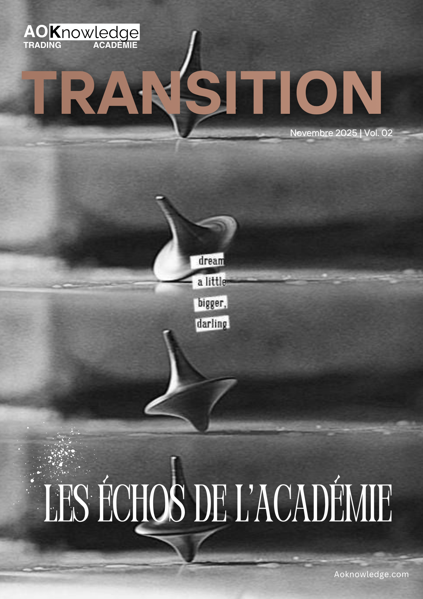Couverture du magazine Les Échos de l’Académie, numéro Transition, volume 2 : des toupies en noir et blanc posées sur des marches, avec la mention « dream a little bigger, darling »