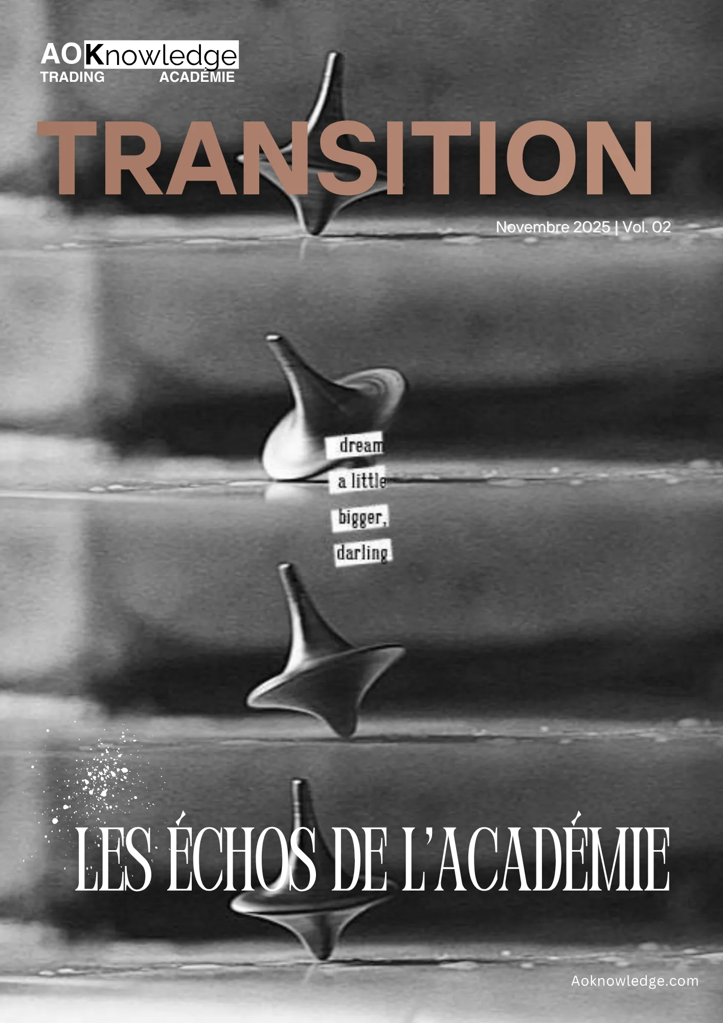 Couverture du magazine Les Échos de l’Académie, numéro Transition, volume 2 : des toupies en noir et blanc posées sur des marches, avec la mention « dream a little bigger, darling »