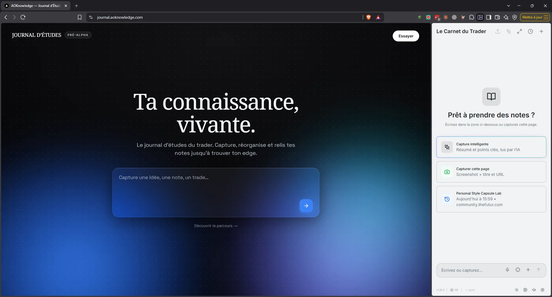 Le Carnet du Trader ouvert par-dessus aoknowledge.com : nos outils vivent là où vous travaillez.