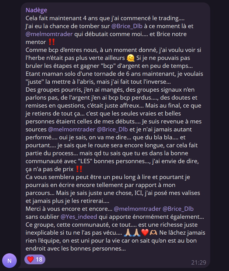 Le message de Nadège à la communauté du Live Club, où elle raconte ses quatre ans de trading, son départ, ses pertes et son retour