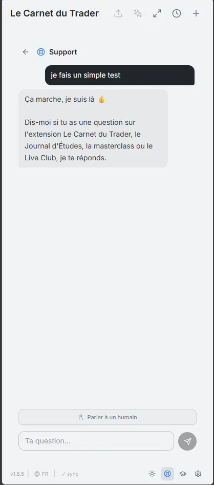 Le support dans le Carnet : une IA qui connaît l'outil répond tout de suite, et « Parler à un humain » reste à un clic.