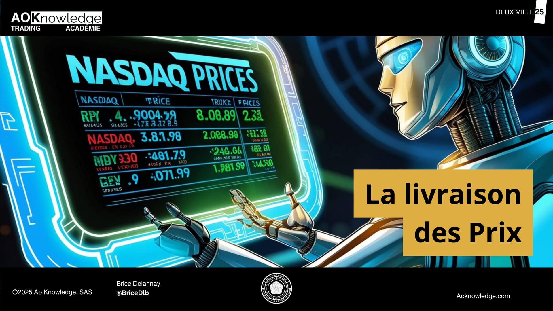 Couverture de l’article sur la livraison des prix : un robot manipule un écran affichant les cotations du Nasdaq, image de l’algorithme qui livre le prix sur le marché
