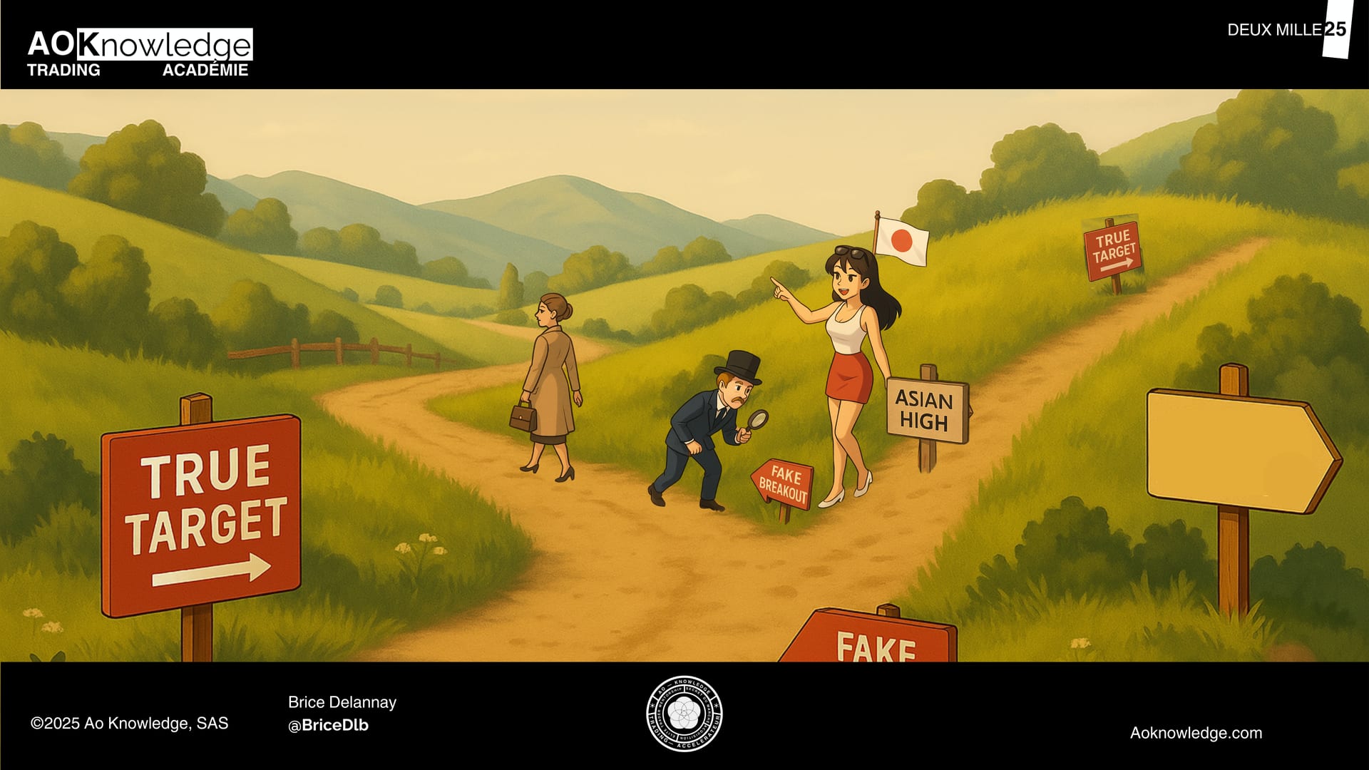 Illustration de couverture : à un croisement de chemins, des panneaux « True Target » et « Fake Breakout » entourent un poteau « Asian High », tandis qu’une femme au drapeau japonais indique la vraie direction
