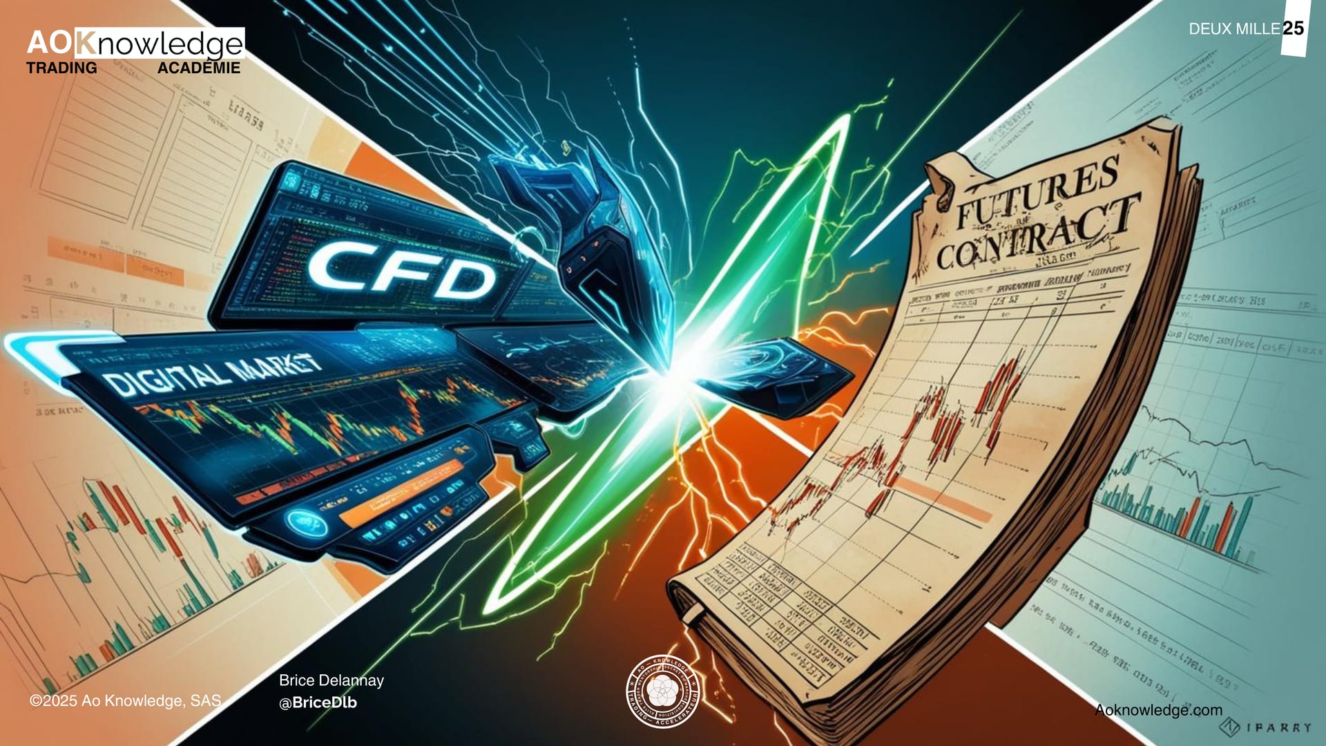 Illustration opposant le CFD, représenté par des écrans numériques, au contrat future matérialisé par un document papier : deux façons très différentes de prendre position
