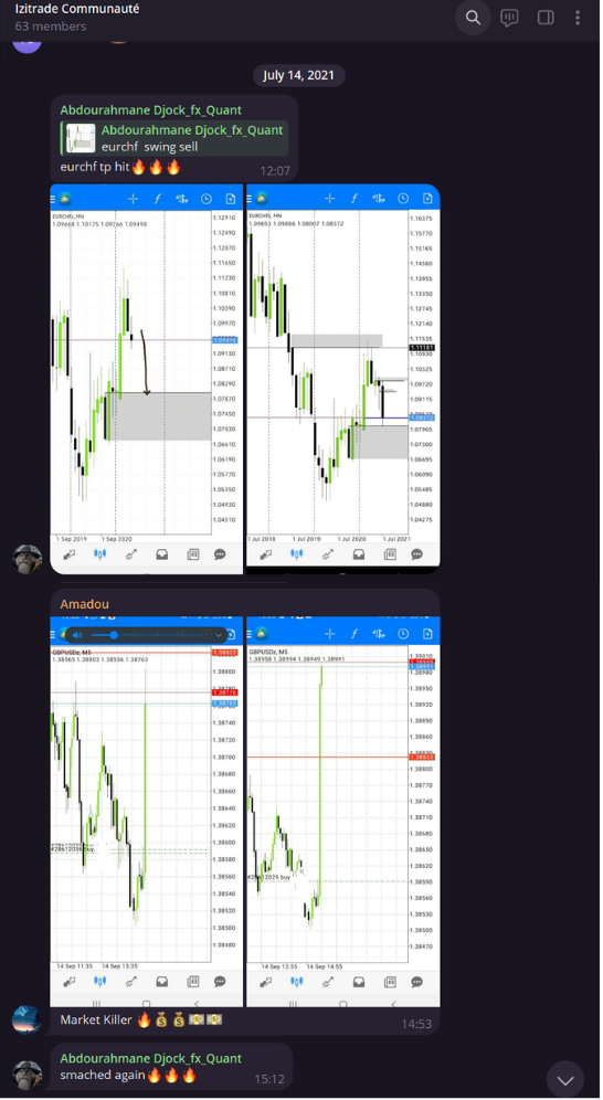 Capture du canal Telegram Izitrade en juillet 2021 : Djock annonce un swing vendeur sur EUR/CHF touché au take profit, puis un de ses élèves publie à son tour ses propres trades sur GBP/USD
