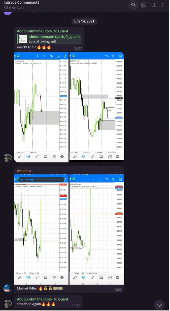 Capture du canal Telegram Izitrade en juillet 2021 : Djock annonce un swing vendeur sur EUR/CHF touché au take profit, puis un de ses élèves publie à son tour ses propres trades sur GBP/USD