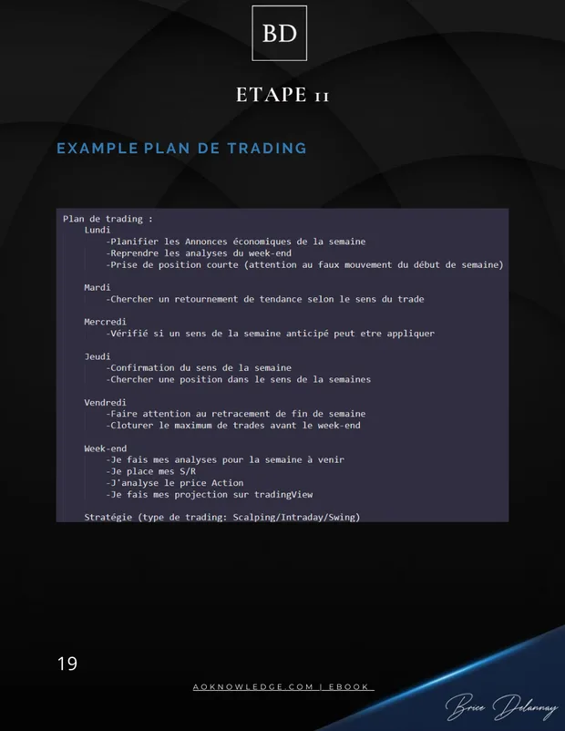 Page du workbook : un plan de trading, jour par jour