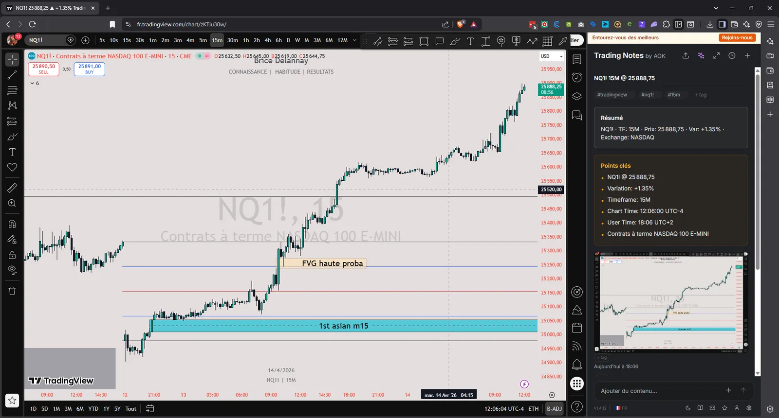 Le Carnet du Trader ouvert en panneau latéral à droite d’un graphique TradingView du Nasdaq en 15 minutes : la capture, ses points clés et son résumé arrivent dans la note sans quitter le graphique